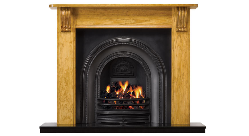 Stovax Victorian Wood Mantel in Lacquered Antique Pine with Stovax Matt Black Decorative Arched Insert
